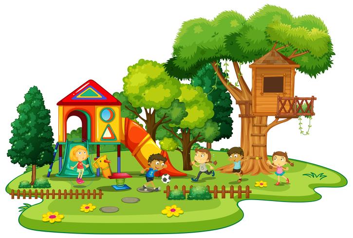 Niños felices jugando en el patio vector