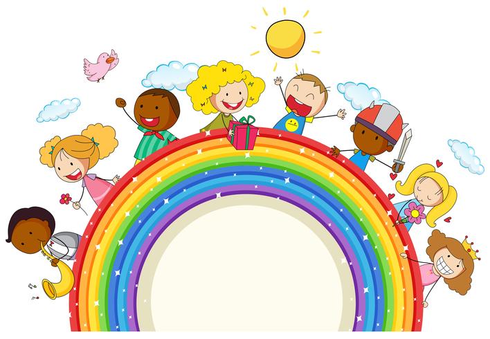 Doodle niños en el arcoiris vector