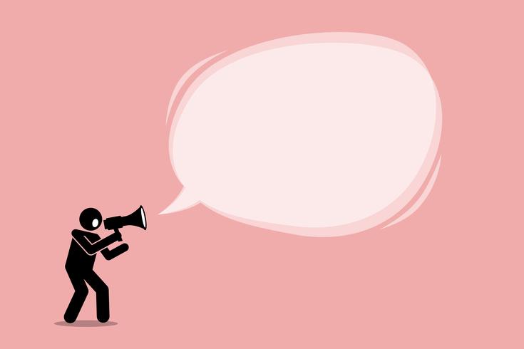 Person talking and shouting using a megaphone to promote, call, and tell an important announcement in a big promotional bubble speech message. vector