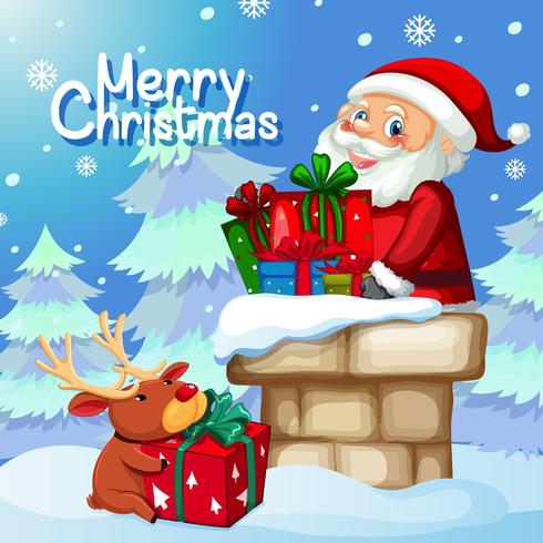 Santa delivery gift through chimney vector
