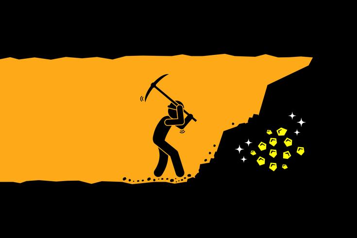 Person worker digging and mining for gold in an underground tunnel. vector