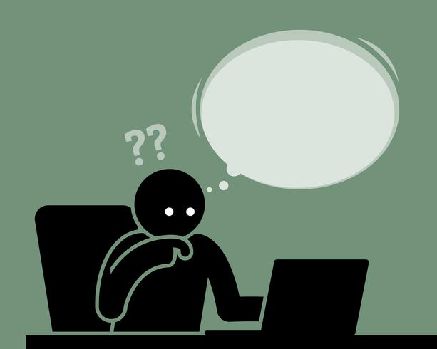 Man thinking and feeling confused viewing computer screen. vector