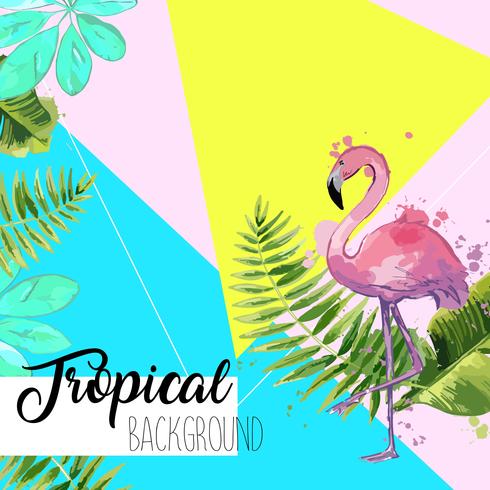 Hojas tropicales y flamingo banner de verano. vector