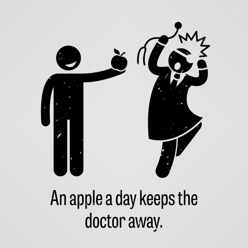 Una manzana al día mantiene al médico lejos Versión divertida Stick Figure Pictogram Dichos. vector