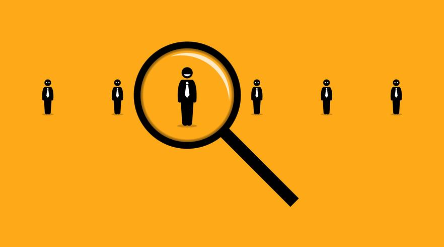 Using a magnifying glass searching for the right employee among many others job seeker. vector