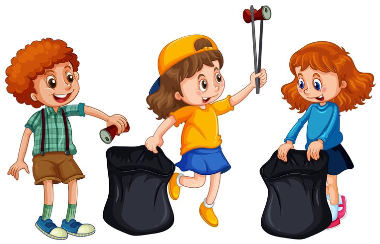 Children Collecting Rubbish on White Background vector