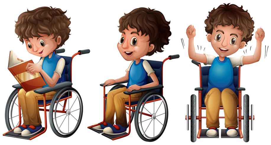 Boy in wheelchair doing three things vector