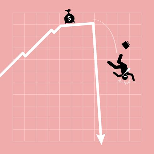 El hombre de negocios se cae del gráfico cuando el gráfico se desploma repentinamente. vector