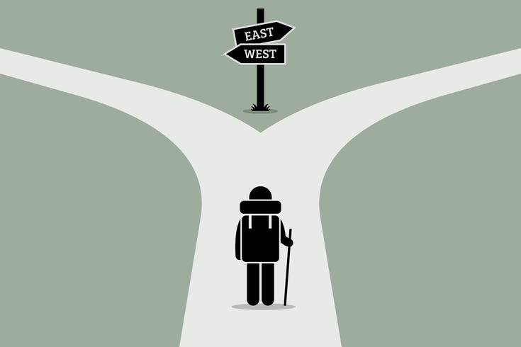 Explorer reaching a split road trying to make decision on where to go next. vector