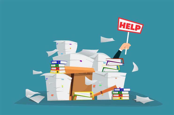 Businessman in pile of office papers and documents with help sign. vector