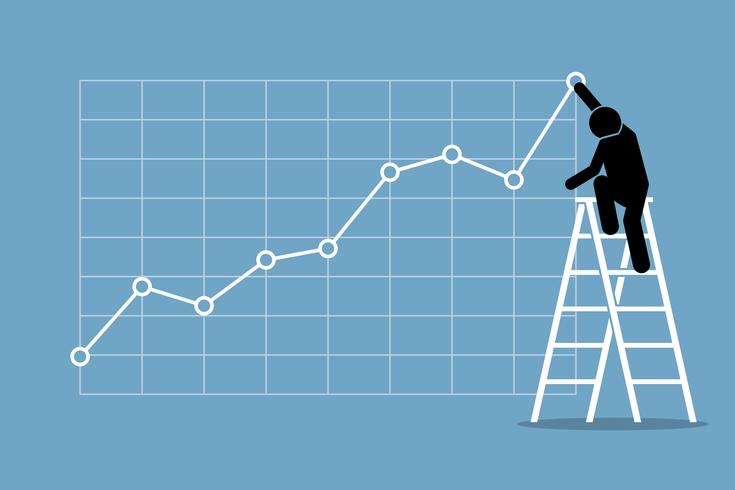 Businessman climbing up on a ladder to adjust an uptrend graph chart on a wall. vector