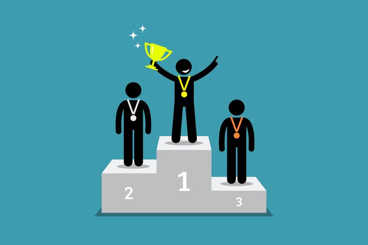 Champion standing on a podium with first and second runner up. vector