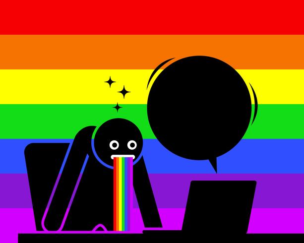 El hombre está asombrado y vomitando saliva arco iris por el contenido que ve en la pantalla de su computadora. vector