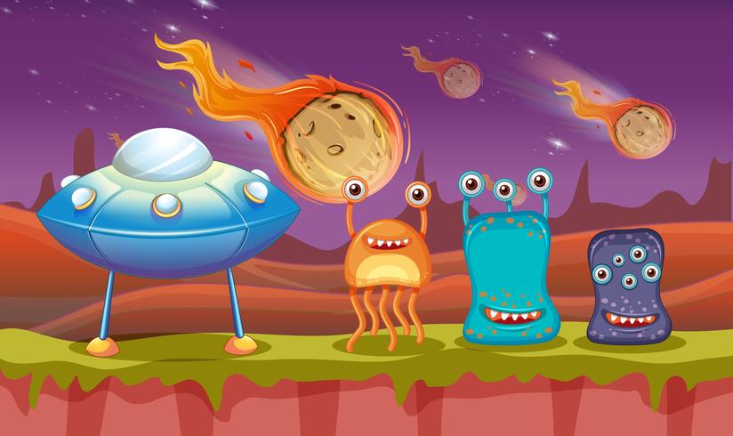 Three aliens and UFO on planet vector
