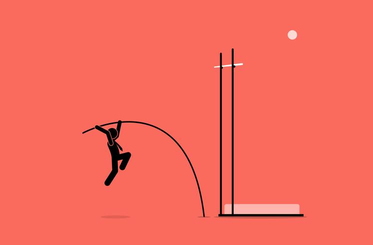 Hombre de negocios haciendo salto con pértiga. vector