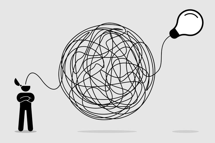 Man searching and thinking of idea through a complicated and chaotic way. vector