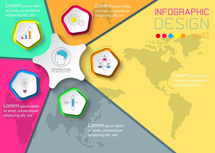 Five circles with business icon infographics on world map background. vector