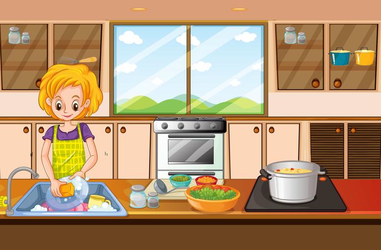 Woman doing dishes in kitchen vector