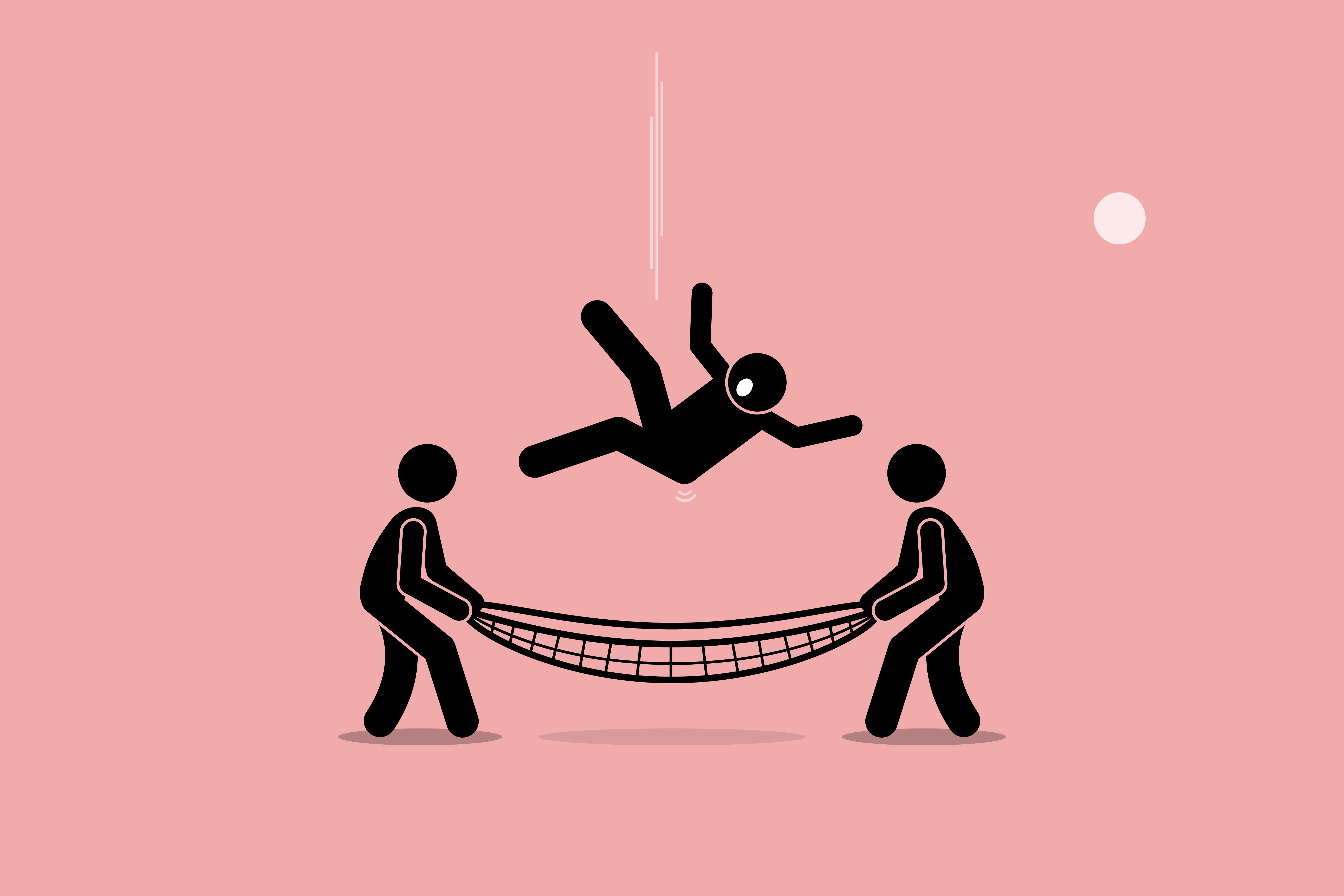 Man falling down and saved by people using safety net at the bottom of