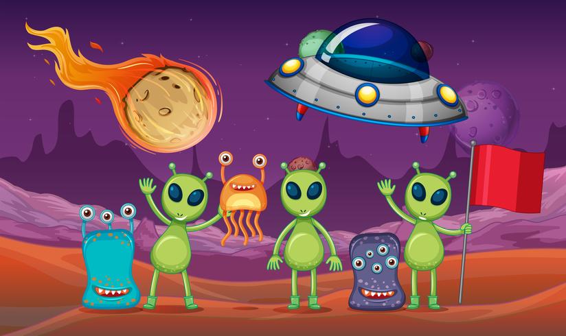 Space theme with aliens and UFO on planet vector