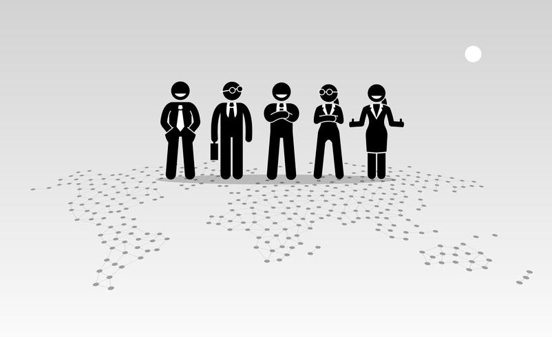 Businessmen and businesswomen standing on top of a world map. vector