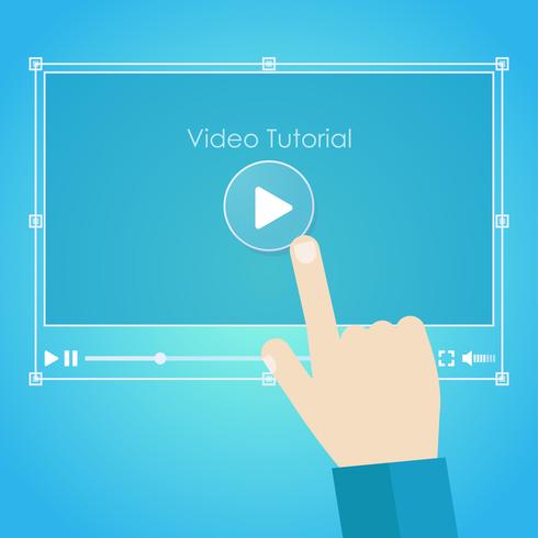 Video tutorial de banner. Mano presionando una computadora. Vector ilustración plana