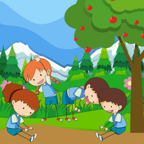 Four kids exercise in the park vector