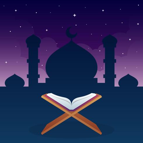 Quran Islam Religion Book With Mosque Sillhouette Background vector