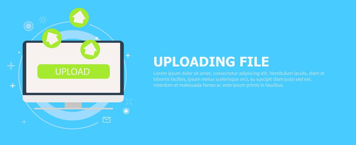 Upload from your computer banner. Green Arrows coming from the monitor. Vector flat illustration