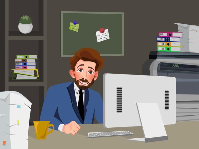 Businessman is working on a computer in his office. Vector illustration.