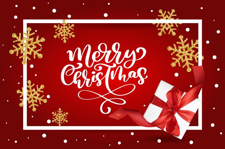 Merry Christmas lettering, red background vector illustration, with a Mesh gift box and golden snowflakes. Christmas Greeting Card