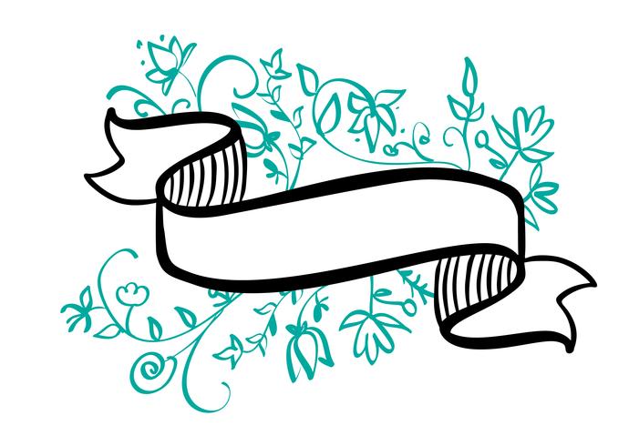 Vintage frame with ribbon and place for the text with tropical flowers and leaves on white background, vector illustration hand drawn banner