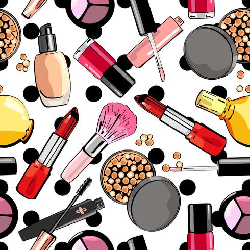 Patrón sin fisuras con productos de maquillaje. Productos cosméticos. vector