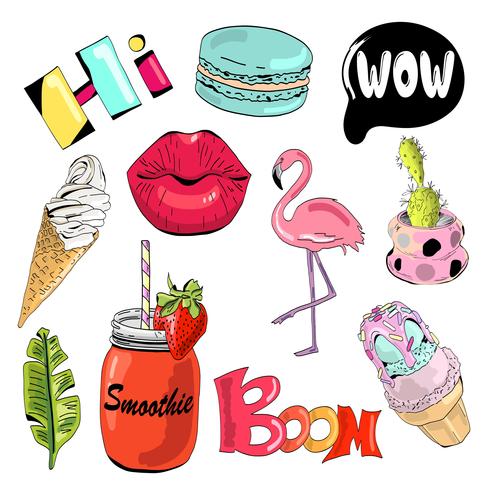 Set of cute and fun summer stickers. vector