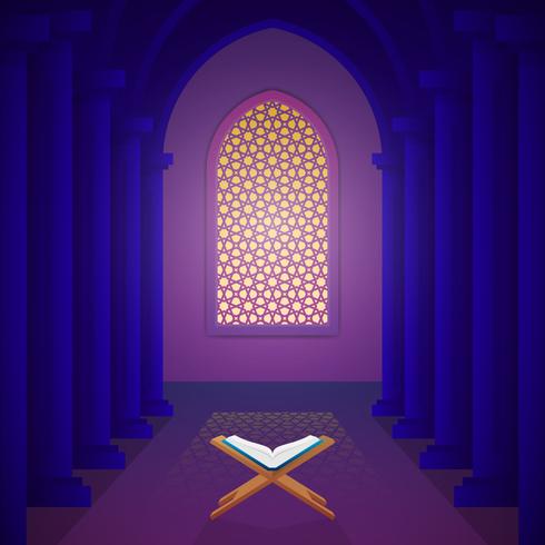 The Holy Book Of The Koran On The Stand And Mosque Interior Vector Illustration