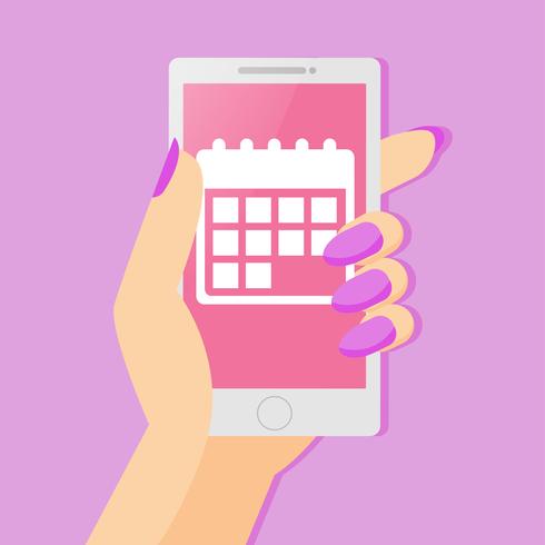 Una aplicación del calendario de seguimiento de una mujer en el teléfono que tiene en la mano. Vector ilustración plana