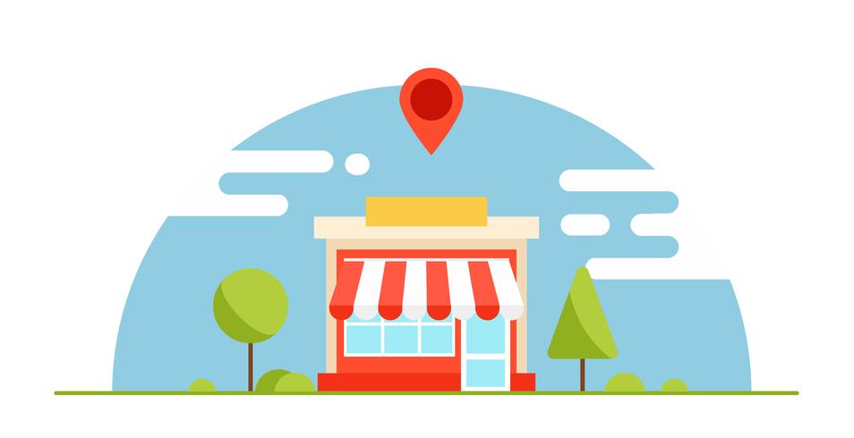 Local business optimization banner. The shop is profitable. Horizontal background with trees and mountains. Vector flat illustration