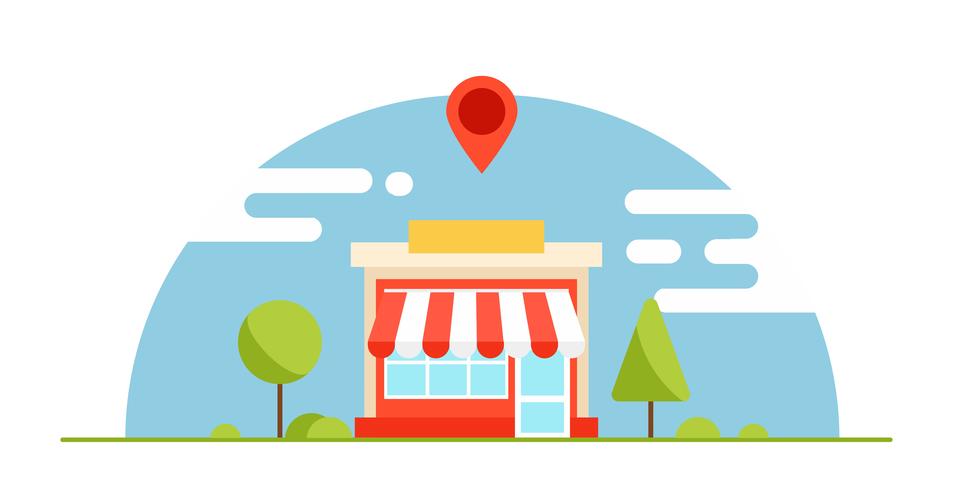 Banner de optimización de negocios locales. La tienda es rentable. Fondo horizontal con árboles y montañas. Vector ilustración plana