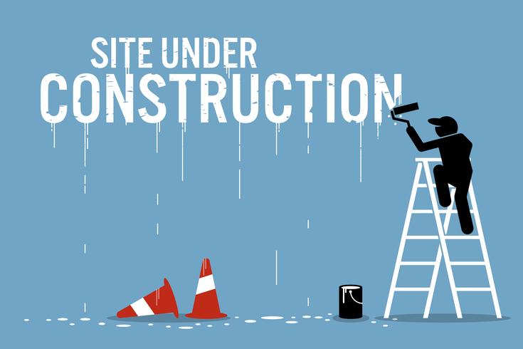 Painter painting the word site under construction on a wall. vector