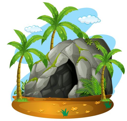 Escena de la naturaleza con cueva y cocoteros. vector