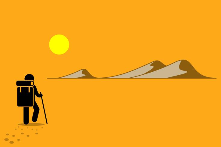 Persona con mochila y bastón caminando en el desierto bajo el ardiente sol en busca de aventuras. vector