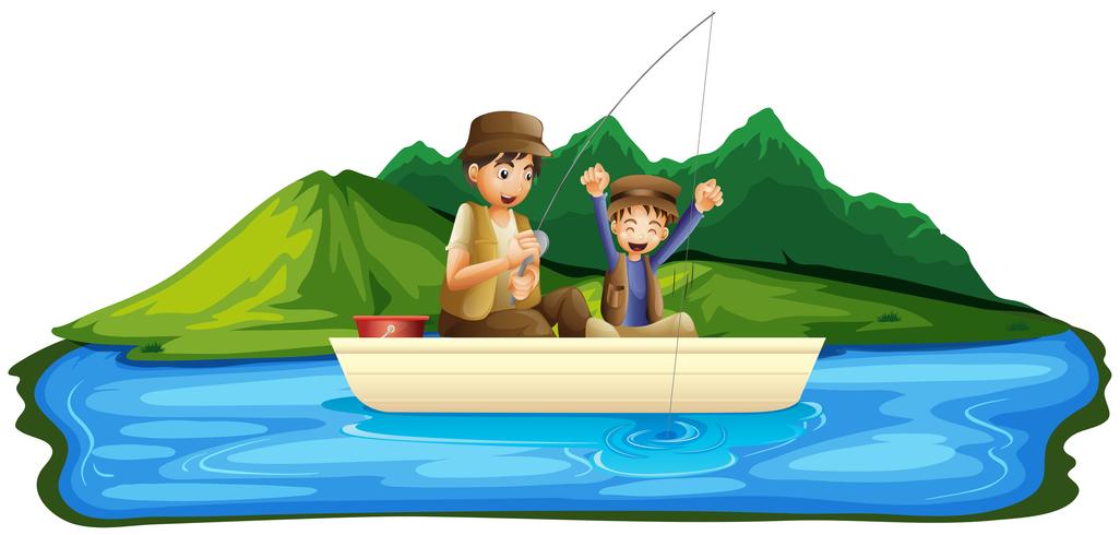 Padre e hijo pescando en el lago vector