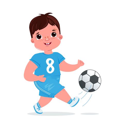 Cute boy girl playing football with a soccer ball. Player's team modern uniform. Healthy activities. Vector cartoon illustration