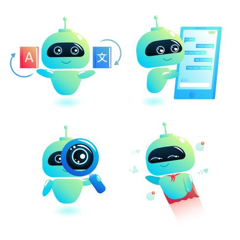 Chatbot set write answer to messages in the chat. Bot consultant is free to help users in your phone online. Vector cartoon illustration