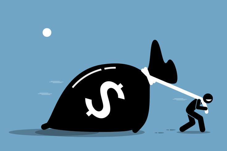 Man pulling a big bag of money. vector