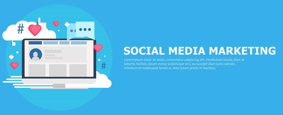 Banner de marketing en redes sociales. Ordenador con likes, nube, comentario, hashtags. Vector ilustración plana