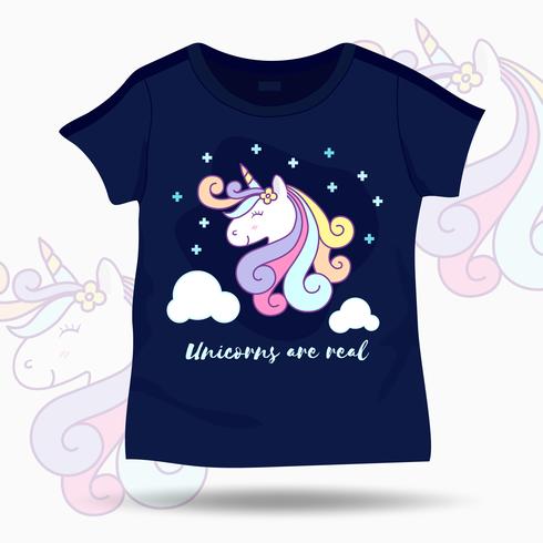 Cute Unicorn illustration on T Shirt kids template. Vector illustration