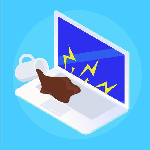 Spilled puddle coffee on laptop. Repair of broken equipment. flat isometric illustration vector