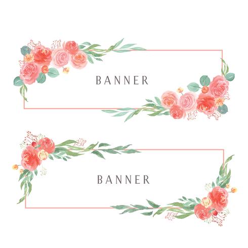 Watercolor florals hand painted with text banner, lush flowers aquarelle isolated  vector
