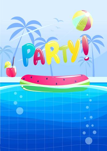 Hello summer party banner design. Swimming pool in the aquapark. Vector cartoon illustration 